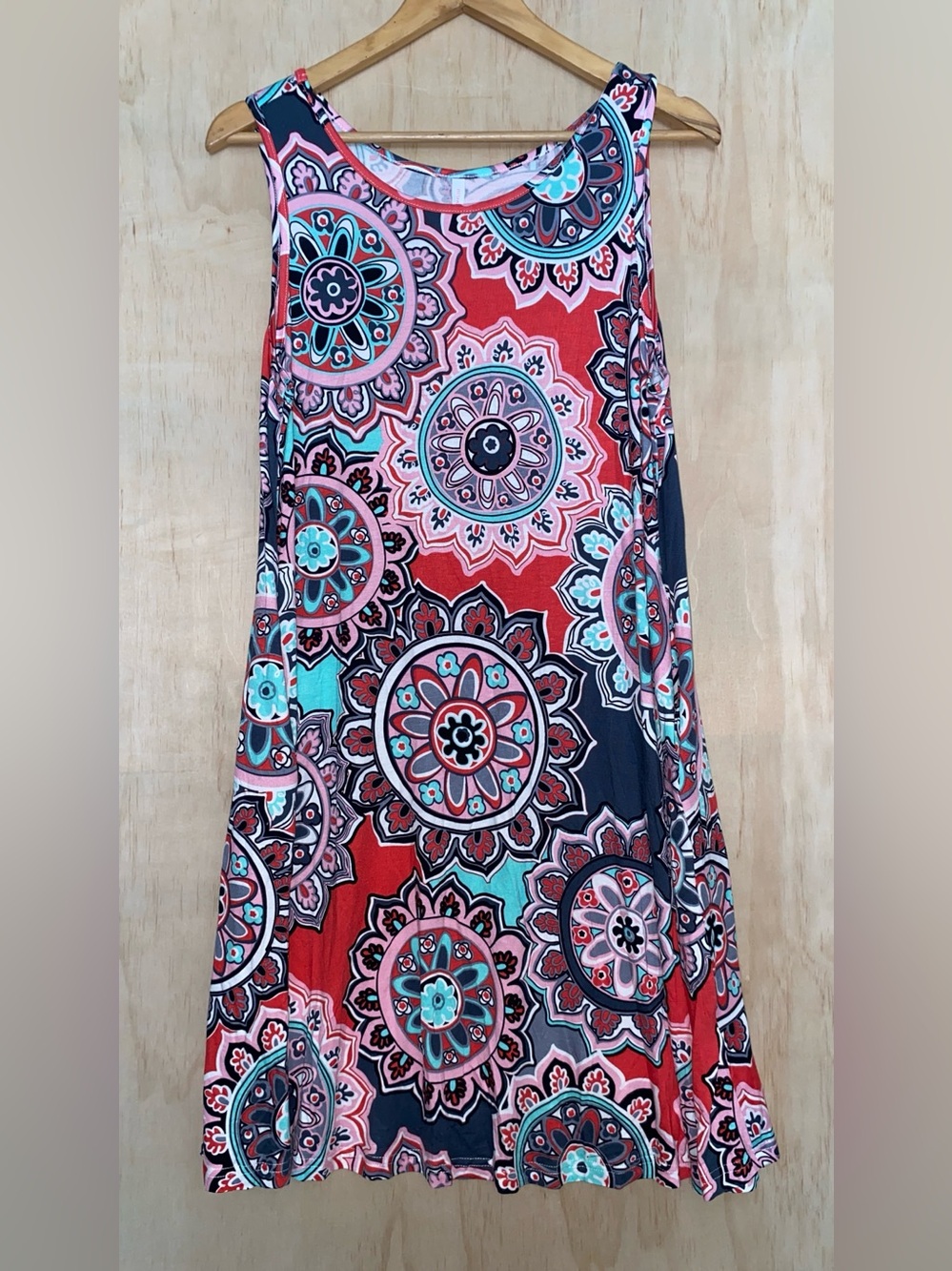 Sleeveless Mini Dress in Red & Navy Floral Medallion Print